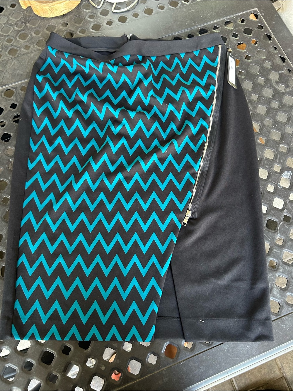 Worthington Black Pencil Skirt with Teal Chevron Panel and Zip